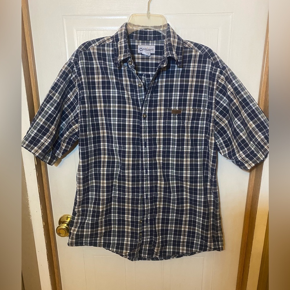 Carhartt Men's Navy and White Checkered Shirt with Leather Logo